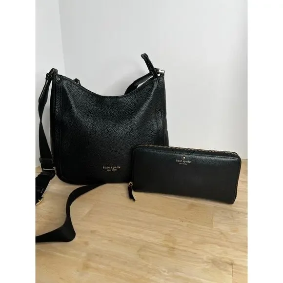 Kate Spade New York Roulette Medium Black Pebbled Messenger Bag and Wallet Set - Picture 3 of 11